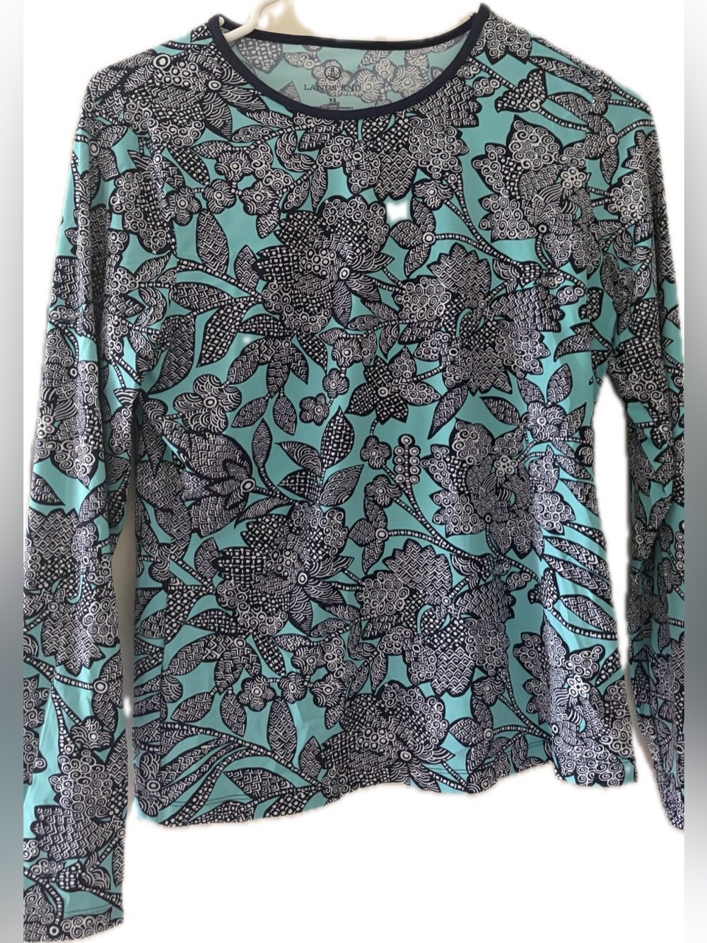 Lands End Women's Floral Long-Sleeve Rashguard - Aqua/Black